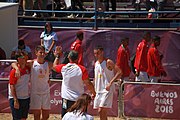 Deutsch: Beachhandball bei den Olympischen Jugendspielen 2018; Tag 4, 10. Oktober 2018; Jungs, Vorrunde, Gruppe A - Spanien-Venezuela 2:0 English: Beach handball at the 2018 Summer Youth Olympics at 10 October 2018 – Boys Preliminary Round Group A – Spain-Venezuela 2:0