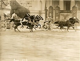 Promotional still of the chariot race in Ben-Hur Ben Hur (SAYRE 14896).jpg