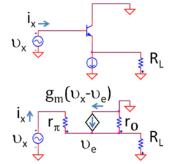 Figure 4: Top: BJT voltage follower Bottom: Small-signal, low-frequency equivalent circuit using hybrid-pi model Bipolar Voltage Follower.png