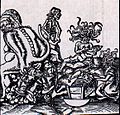 Illustrasjon av Lucas Cranach til kirkereformatoren Martin Luthers hatske Wider das Papsstum vom Teufel gestiftet («Mot pavedømmet som er innstiftet av djevelen») (1545) viser paven og de katolske kardinalene som avføring fa djevelen