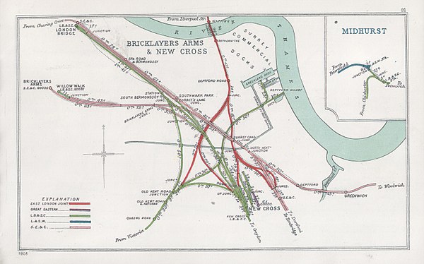 A 1908 Railway Clearing House map of lines in South East London, including the southern portion of the East London Line