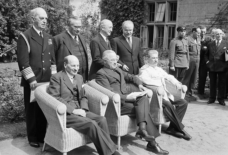 File:Britain's new Prime Minister, Clement Attlee, with President Truman and Marshal Stalin at the Potsdam Conference in Berlin, 1 August 1945. BU9496.jpg