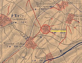 La carte des régions dévastées montre que le village de Bullecourt est complètement détruit à la fin de la guerre.