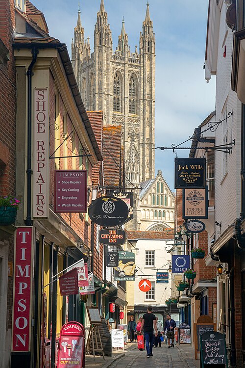 A typical street in Canterbury with the cathedral in the background.