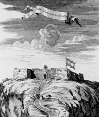 Fort Batenstein at Butre, Dutch headquarters in Ahanta (Dutch Gold Coast), 1709. Lithograph. Butre Litho 1709.png