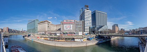 Panoramic view (about 130 degrees) of the Danube Canal, Vienna, Austria.