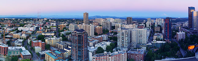 Extremely high resolution panorama of Capitol Hill, Seattle and surrounding regions during sunset.