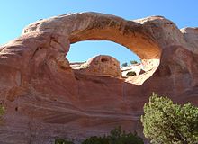 The arches loop trail starts with a tricky descent through Cedar Tree Arch. Cedar tree arch.jpg