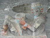 Underground Great Temple's Chacmool statue; 1440–1469; painted earthenware; length: 1.26 m (4.1 ft); Templo Mayor (Mexico City)