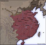 La carte de la Chine avec la distribution des forces en Chine à l'époque de la dynastie des Song du nord. Le territoire Song est représenté en rouge. Les territoires Liao et Xi Xia (Xia occidentaux) sont représentés au nord.