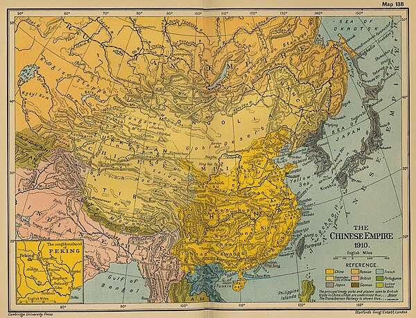 The Qing Empire in 1910 with provinces in deep yellow, military governorates and protectorates in light yellow.