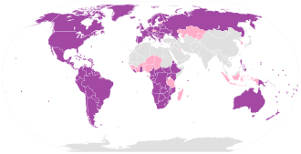 Christian majority countries; Countries with 50% or more Christians are colored purple while countries with 10% to 50% Christians are colored pink. Christian World--Pew Research Center 2010.svg