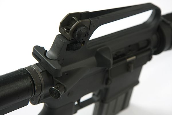 The AR-15A2's most distinctive ergonomic feature is the carrying handle and rear sight assembly on top of the receiver.