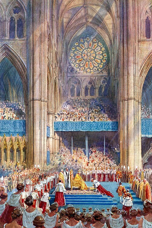 George VI receiving the homage after being crowned in 1937; watercolour by Henry Charles Brewer