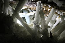 Crystals in the Cave of the Crystals in Mexico. Note person (lower right) for scale.