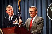 Rumsfeld with the chairman of the Joint Chiefs of Staff, Richard B. Myers at a Pentagon press conference in February 2002. Defense.gov News Photo 011007-D-9085M-093.jpg