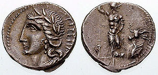 Silver denarius, coinage of the Marsian Confederation, during the Social War (89 BC). The retrograde legend right (UILETIV [viteliu = Italia] ) is in Oscan Denarius-Marsic Federation-Syd 627-1-.jpg