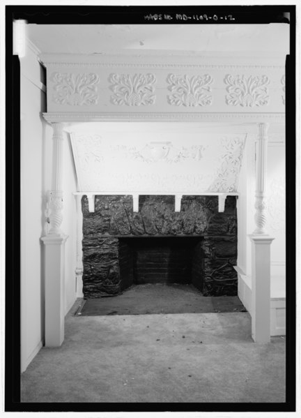 File:Detail view of fireplace and mantel, and flanking columns, in first floor main room, looking from the southwest - National Park Seminary, Swiss Chalet, 2802 Woodstock Avenue, HABS MD,16-SILSPR,2O-12.tif