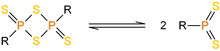 The general structure of a 1,3,2,4-dithiadiphosphetane 2,4-disulfide and the reversible generation of the dithiophosphine ylides Dithia.png