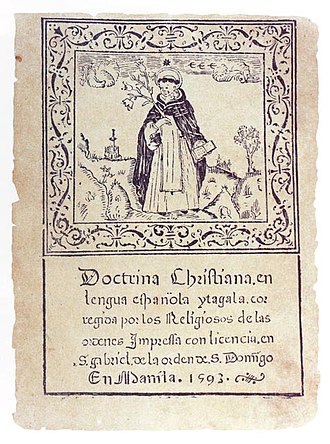 Cover of "Doctrina Christiana" from 1593, that was translated to Tagalog, Baybayin, and Chinese. Doctrina-cristiana.jpg