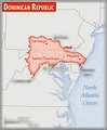 English: Comparison of the areas of two country. The area of Dominican Republic with biggest cities (red) overlay the area of the United States of America (gray background). Українська: Порівняння площ територій двох країн. Територія Домініканської Республіки з найбільшими містами (червоний колір) спроектована на територію США (сірий колір). Підписи зроблено англійською мовою.