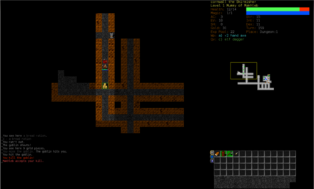 A screenshot of Dungeon Crawl Stone Soup, incorporating user interface elements more common to other hack-and-slash games such as a mini-map and a persistent inventory window