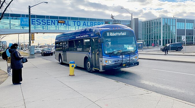 Edmonton Transit Service Proterra ZX5 on a route 8 service to Abbottsfield