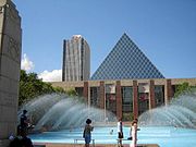 Edmonton City Hall with CN tower in background, taken form Sir Winston Churchill Square