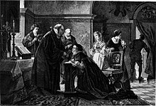 Elisabeth of Brandenburg secretly takes communion in both kinds. Elisabeth von Brandenburg secretly takes the Holy Supper in both kinds.jpg