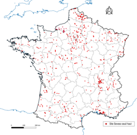 Mapa de locais de alto limiar em Seveso na França continental, exceto Córsega