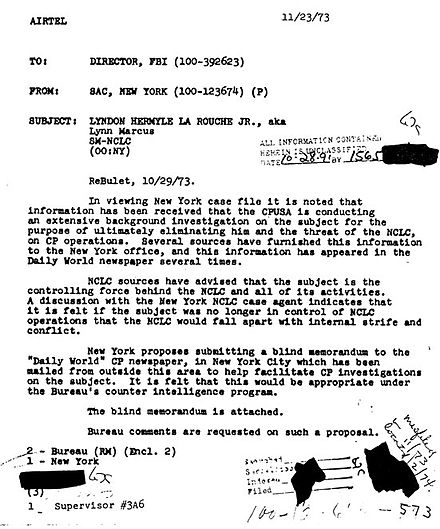 A 1973 internal FBI letter, noting the Communist Party's efforts to eliminate LaRouche, and suggesting submission of a "blind memorandum" to the Communist Party's newspaper.