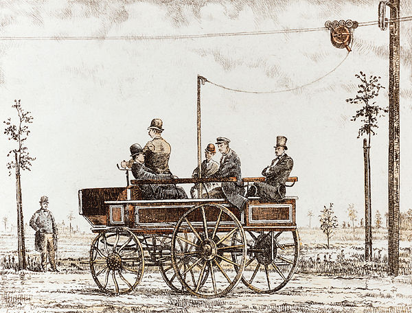 The "Elektromote", the world's first trolleybus, in Berlin, Germany, 1882