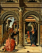Peinture. Colonne de style classique placée entre l'ange, au premier plan à gauche, et Marie, au deuxième plan à droite.