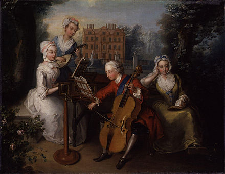 A musical portrait of Frederick, Prince of Wales and his sisters by Philip Mercier, dated 1733, uses the Dutch House, the present-day Kew Palace, as its plein-air backdrop