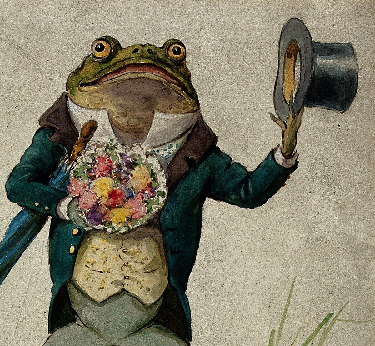 File:Frog dressed as gentleman with flowers, top hat and umbrella