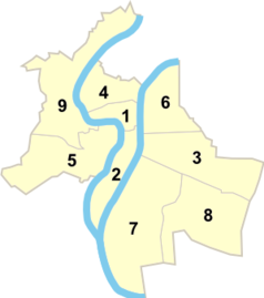 Mapa konturowa Lyonu, blisko centrum u góry znajduje się punkt z opisem „Croix-Pâquet”