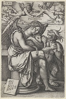Patience, engraving by Hans Sebald Beham, 1540 Geduld (Patientia) Pacientia (titel op object), RP-P-OB-10.853.jpg