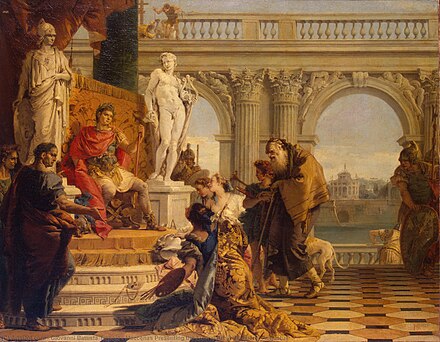 Painting by Giovanni Battista Tiepolo of one of Augustus' political advisers presenting him the liberal arts. Literary and artistic patronage was common in the Augustan Period.