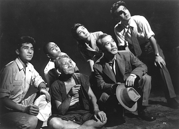 The main characters of Godzilla (1954). From left to right: Akira Takarada, Toshiaki Suzuki, Kokuten Kōdō, Momoko Kōchi, Takashi Shimura, and Akihiko 