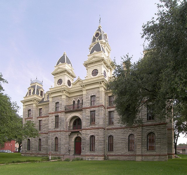 The Goliad County Courthouse in Goliad. The courthouse and the surrounding square were added to the National Register of Historic Places on June 29, 1