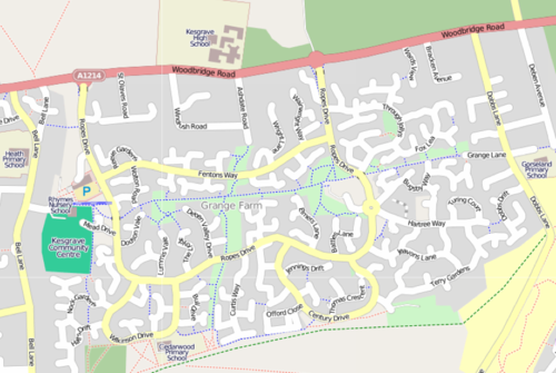 A map which shows a network of paths (dotted blue) created in the town of Kesgrave, Suffolk, England, for walkers and cyclists