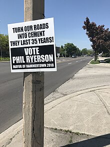 A campaign sign for mayoral candidate Phil Ryerson on Main Street West in the Westdale neighbourhood in late May, 2018. Hamilton Mayoral Election Sign - Phil Ryerson 2018.jpg