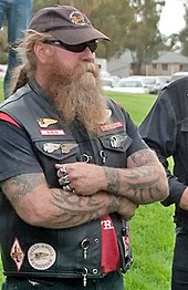 A club member at a biker gathering in Australia, 2008 Hells Angels-05.jpg