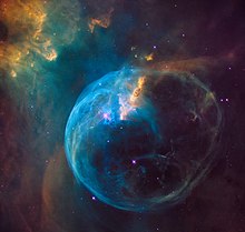 The Bubble Nebula (NGC 7635), imaged by the Hubble Space Telescope, is seven light years across Hubble Sees a Star 'Inflating' a Giant Bubble (26534662246).jpg