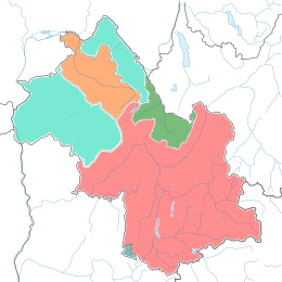 Barevná mapa Isère označující hydrografické pánve, mapa ukazuje, že povodí Isère a Drac pokrývá většinu území, více než polovinu.