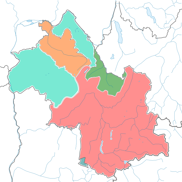 Carte colorée de l'Isère indiquant les bassins hydrographique, la carte montre que le bassin de l'Isère et du Drac couvre la plus grande partie du territoire, plus de la moitié.