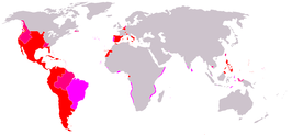Diachrone kaart van het Spaanse Rijk in zijn grootste omvang. Het rood omvat het Spaanse Rijk.