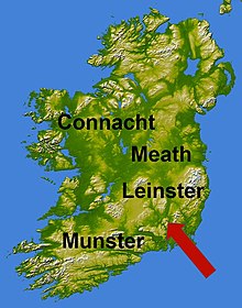 Political map of Ireland. A red arrow points toward the island, indicating Henry's arrival there.