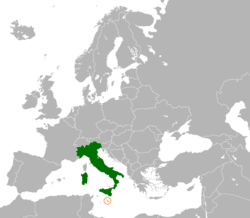 Mapa que indica las ubicaciones de Italia y Malta