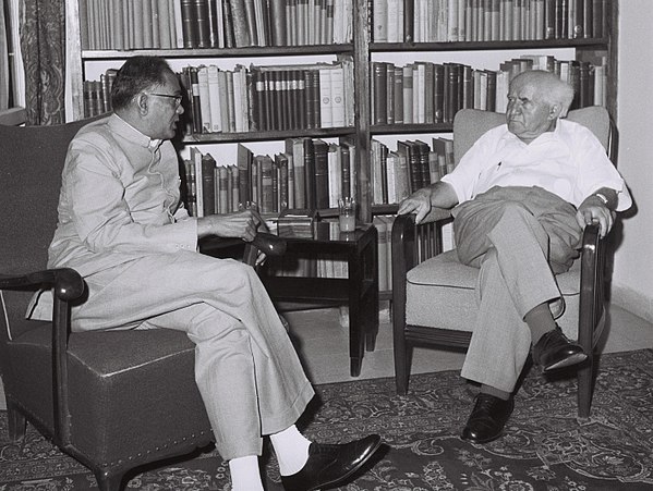 Narayan with Israeli Prime Minister David Ben-Gurion in Tel Aviv, 1958